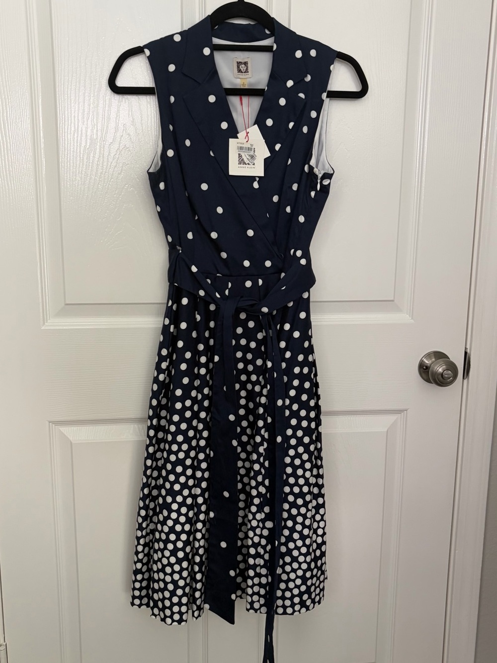 Anne Klein Navy and White Polka Dot Sleeveless Wrap Dress